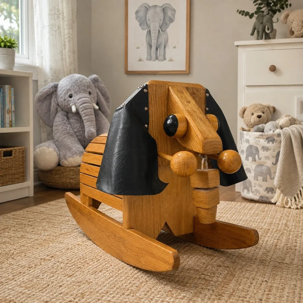 Vintage Handmade Artisan Wood Child's Rocking Elephant with Articulated Trunk